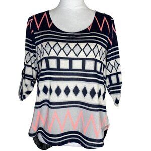 Julie's Closet Women's Aztec Tribal Blouse Sheer Racerback Roll Tab Sleeve Sz XL